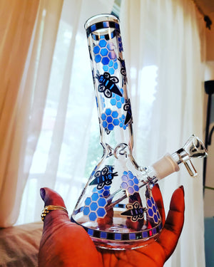 Blue Honey Bee Glass Water Pipe